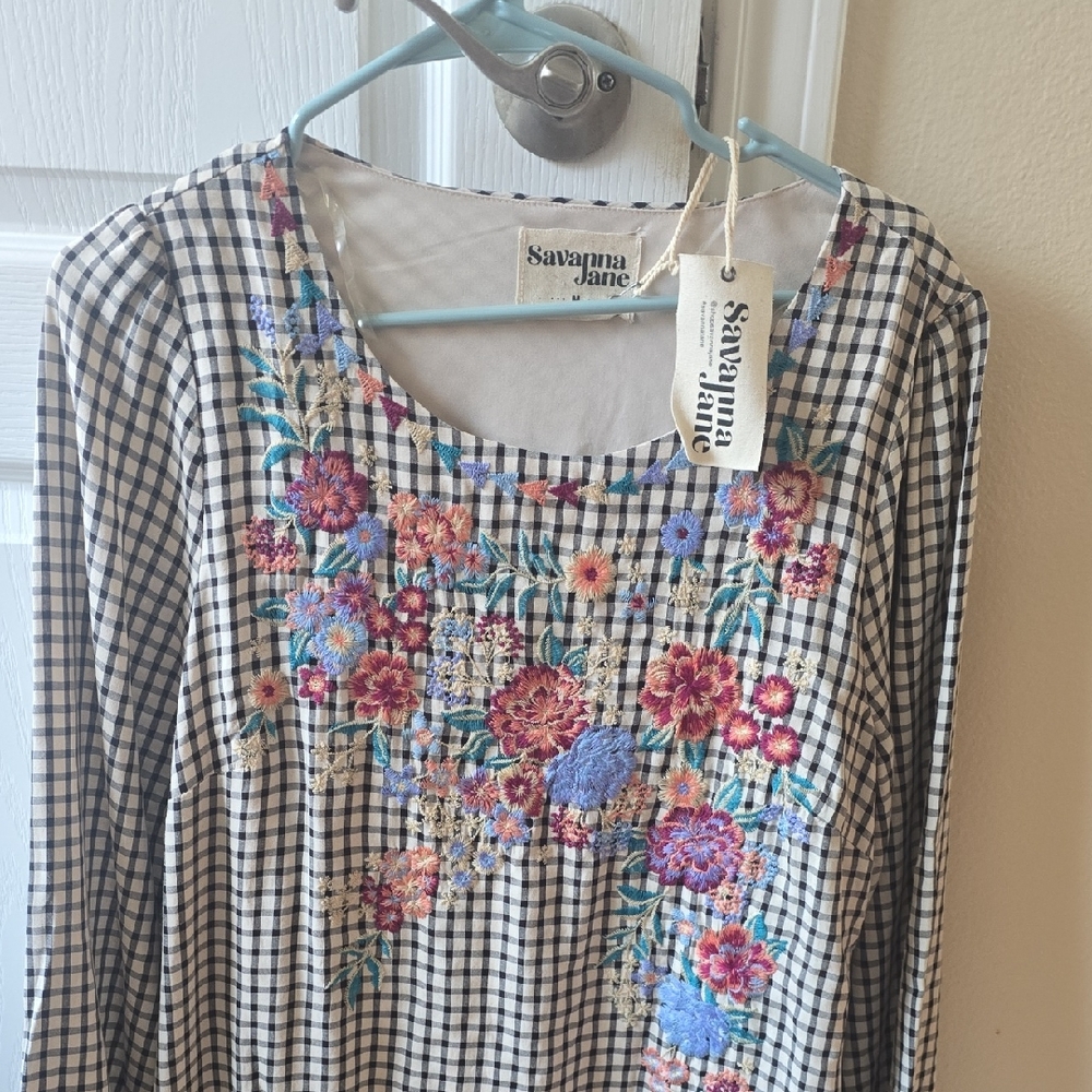 Savanna Jane Black & White Gingham Top with Multicolor Floral Embroidery Dress